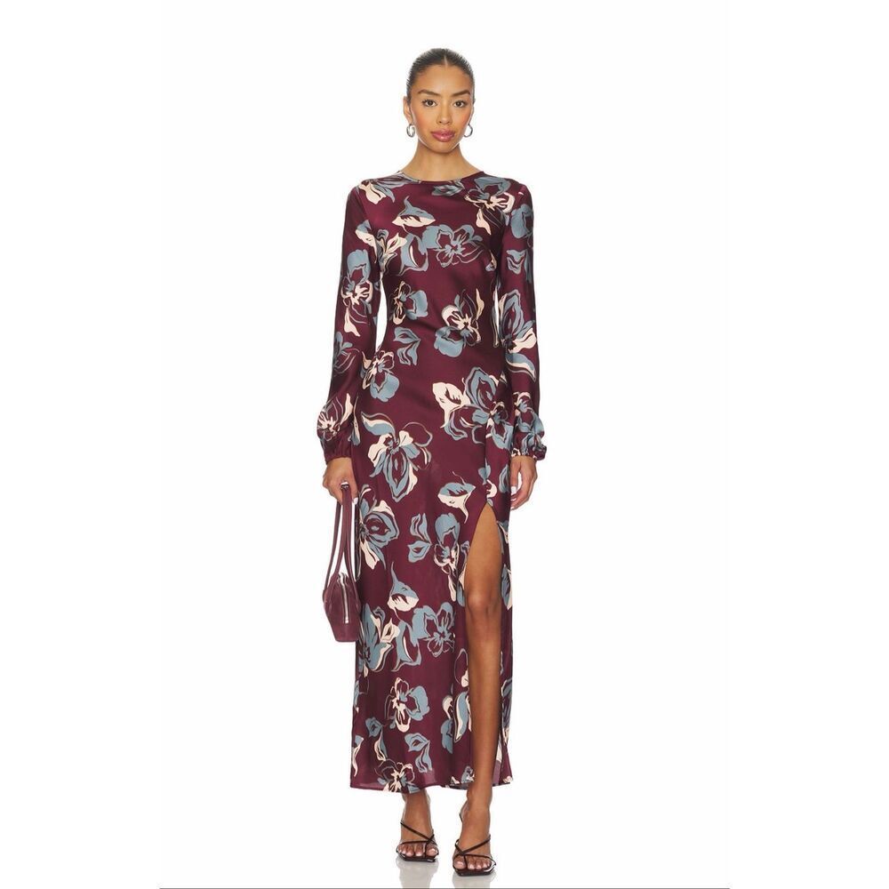 ASTR Elyse Satin Floral Midi Dress in Wine Floral Size M